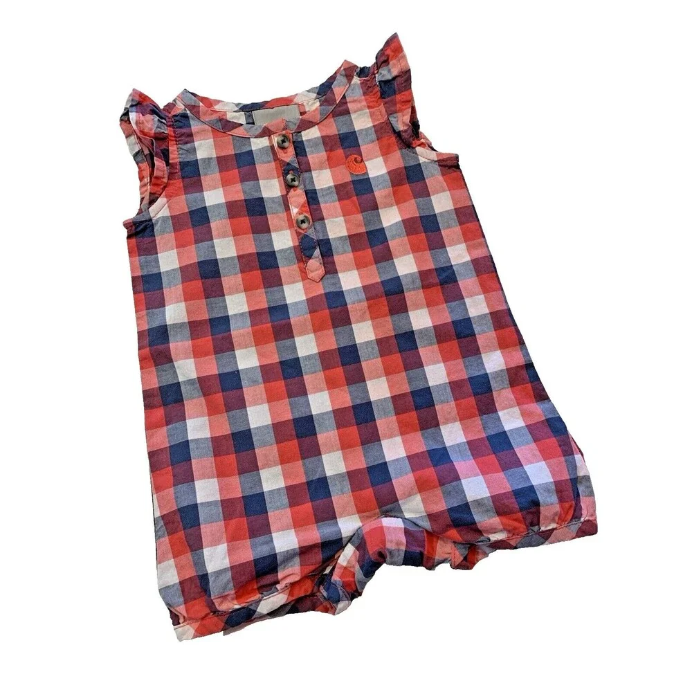 Carhartt Infant Romper Sz 6 Months Adorable Pink Plaid Romper Snaps Logo Pockets